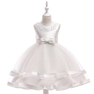 White Girls Dress Mesh Princess Puffy Dress Beaded With Bow PEEK A BOO