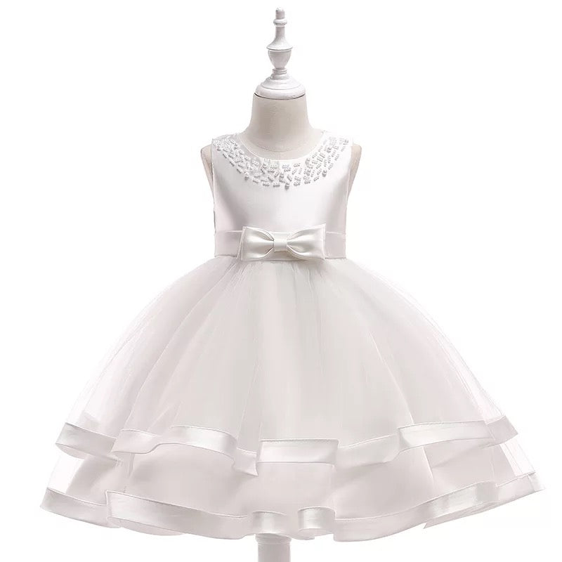 White Girls Dress Mesh Princess Puffy Dress Beaded With Bow PEEK A BOO
