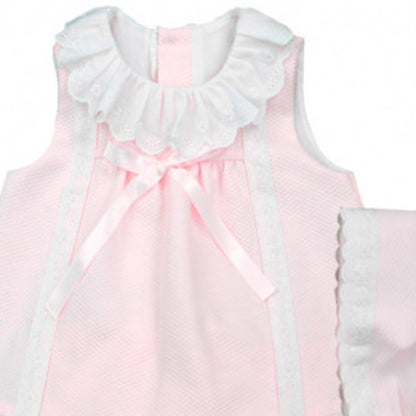 PIQUE DRESS SET FRILLED NECKLINE WITH KNICKER AND BONNET