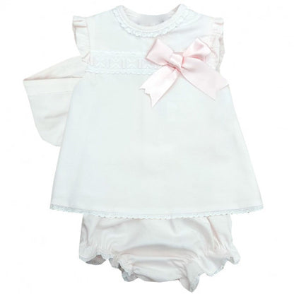 PINK GIRLS PIQUE DRESS WITH KNICKER AND CAP