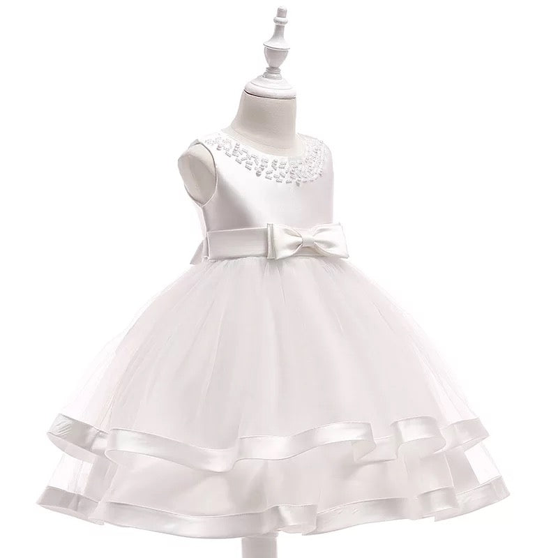 White Girls Dress Mesh Princess Puffy Dress Beaded With Bow PEEK A BOO