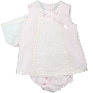 GIRLS PIQUE A LINE LACE DRESS WITH KNICKER AND BONNET PEEK A BOO
