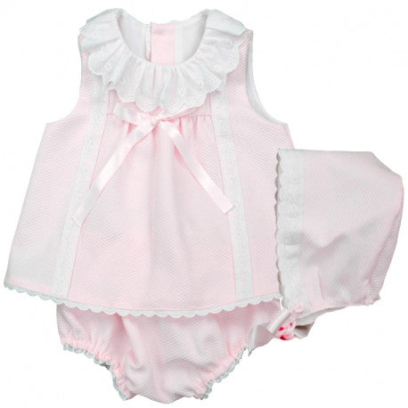 pique dress set frilled neckline with knicker and bonnet