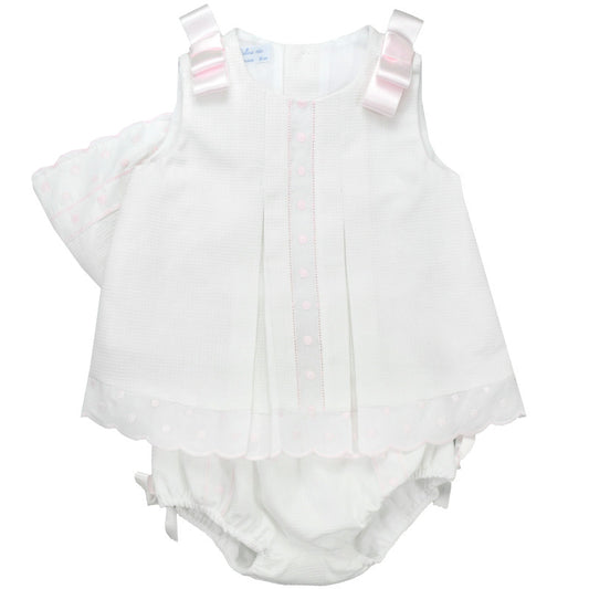 Girls Pleated Pique Dress With Knicker And Cap