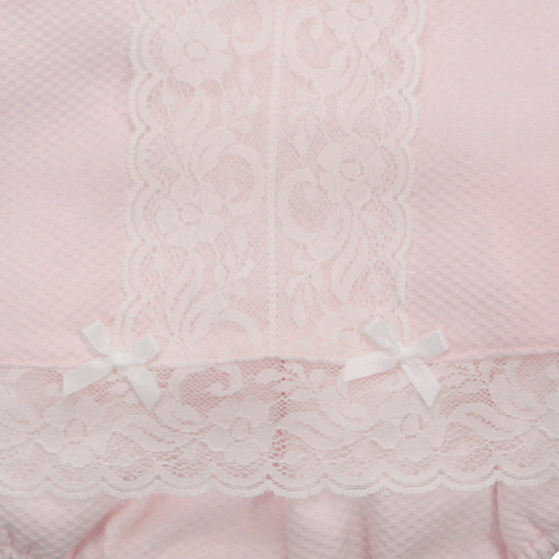 GIRLS DRESS WITH VERTICAL LACE DESIGN, KNICKER AND CAP PEEK A BOO