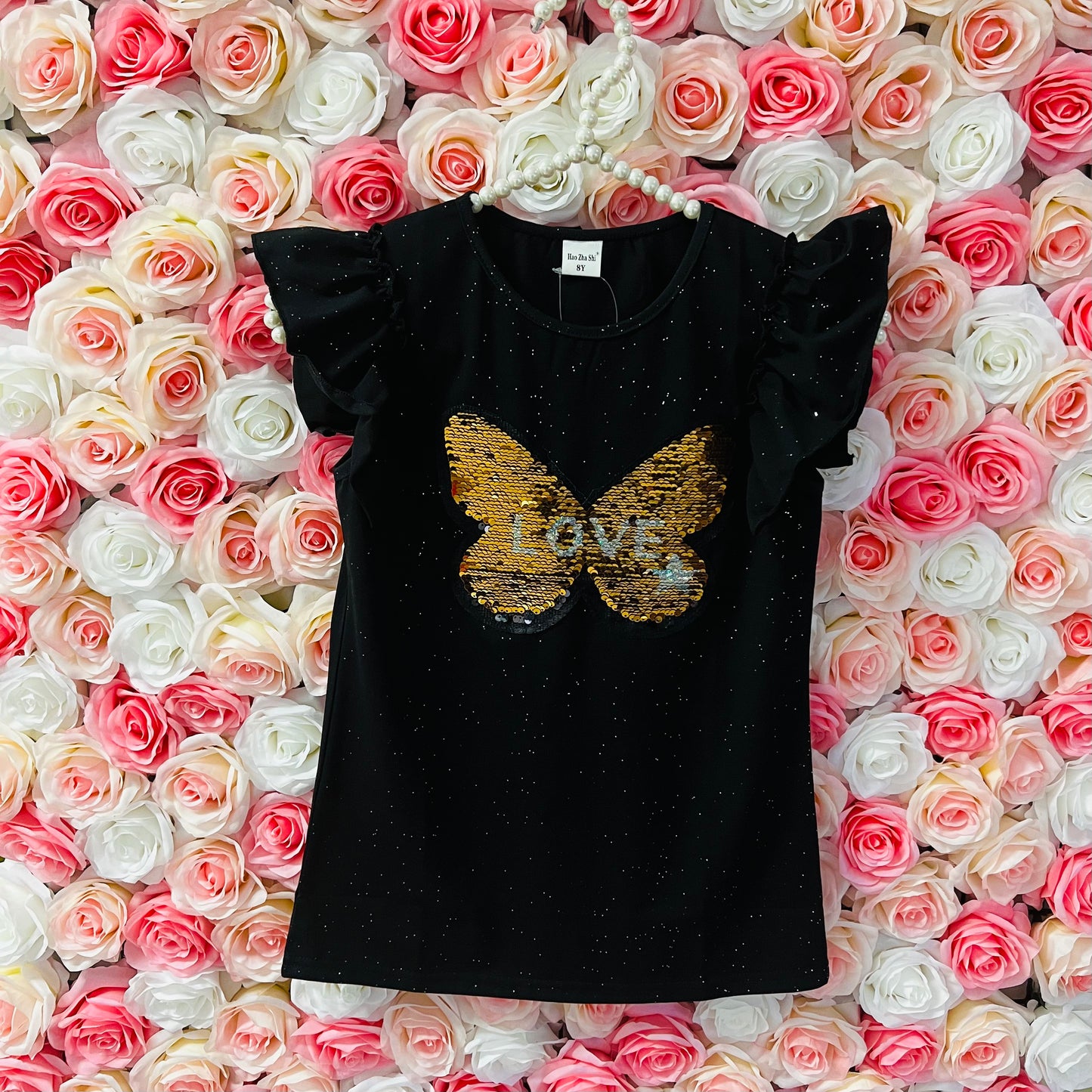 gold butterfly sequins black shirt