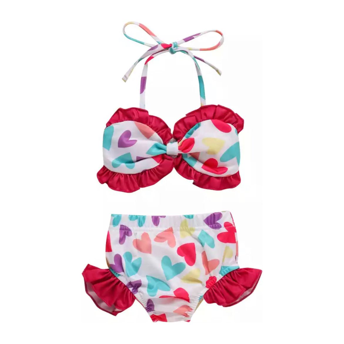 Heart Print Bowknot Bikini PEEK A BOO