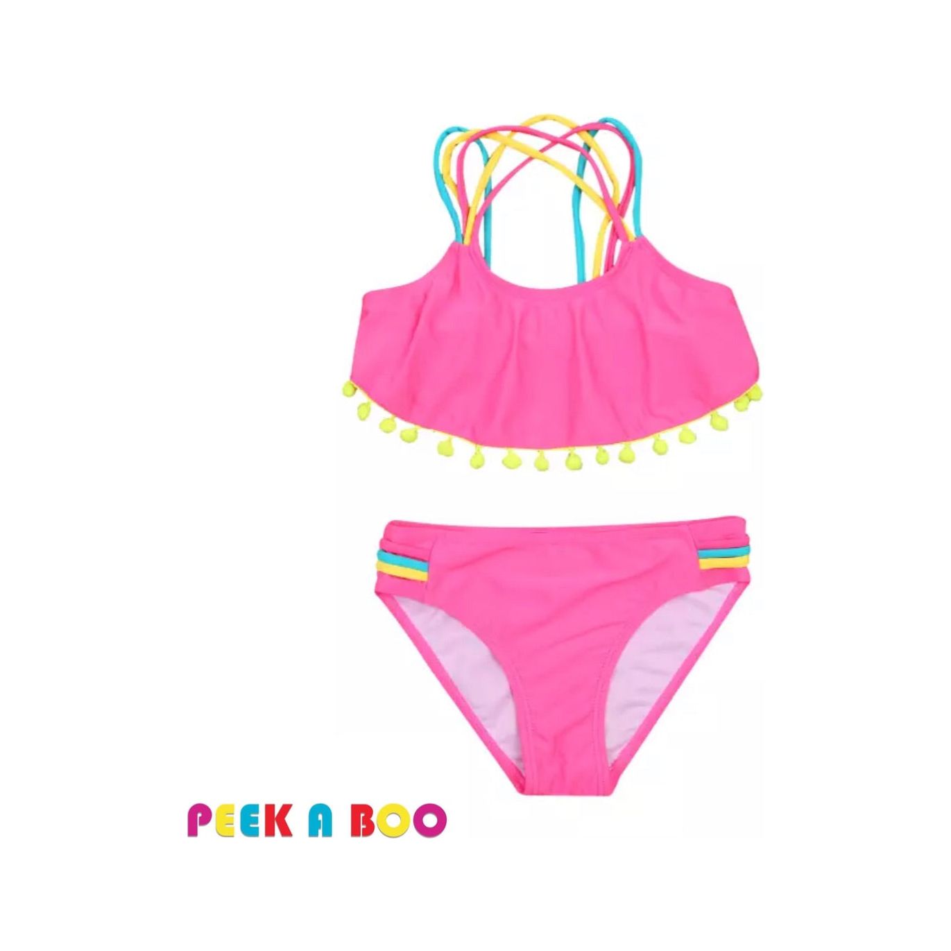 Pink Bikini with Ball Tassels PEEK A BOO