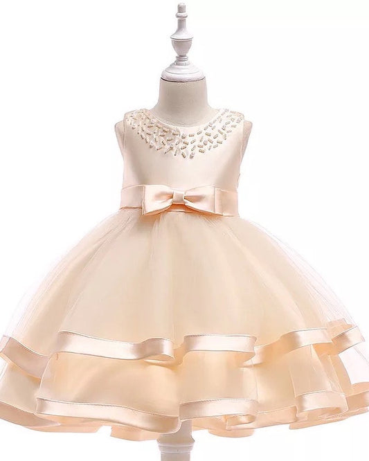 Ivory Girls Dress Mesh Princess Puffy Dress Beaded With Bow
