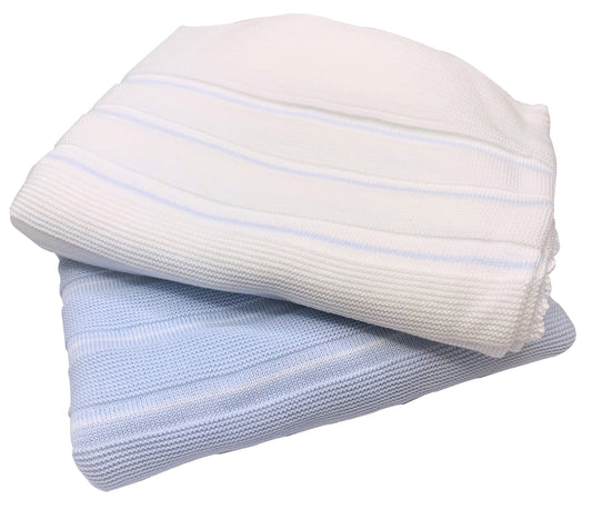 Karela White Knitted Blanket with Blue stripes